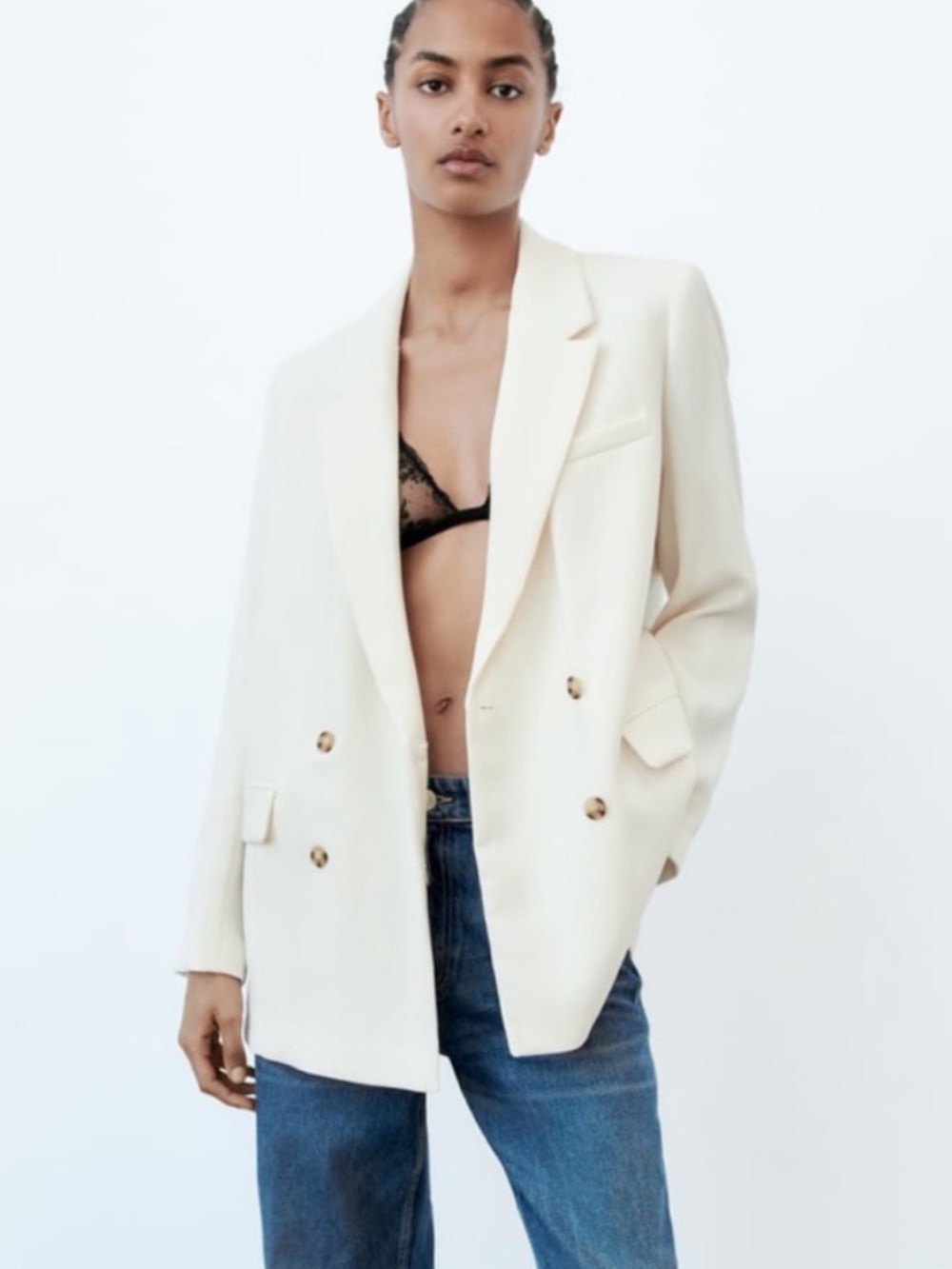Zara Cream Double-Breasted Oversized Blazer with Four Buttons S